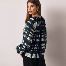 Load image into Gallery viewer, Navy Blue/Ecru Check Keyhole Detail Relaxed Long Sleeve Blouse