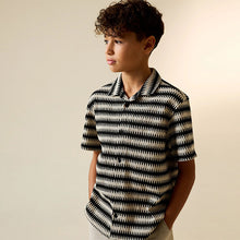 Load image into Gallery viewer, Black/Ecru Short Sleeve Textured Stripe Revere Shirt (3-12yrs)