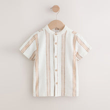 Load image into Gallery viewer, Ecru/Brown Short Sleeve Grandad Collar Textured Stripe Shirt (3mths-6yrs)