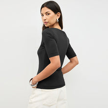 Load image into Gallery viewer, Black Soft Touch Slash Neck Half Sleeve T-Shirt