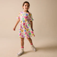 Load image into Gallery viewer, Light Yellow Heart Print Short Sleeve Jersey Dress (3-12yrs)