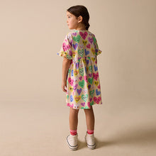 Load image into Gallery viewer, Light Yellow Heart Print Short Sleeve Jersey Dress (3-12yrs)