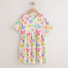 Load image into Gallery viewer, Light Yellow Heart Print Short Sleeve Jersey Dress (3-12yrs)