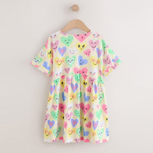 Load image into Gallery viewer, Light Yellow Heart Print Short Sleeve Jersey Dress (3-12yrs)