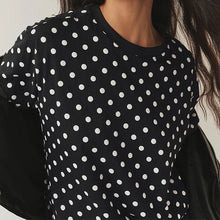 Load image into Gallery viewer, Black/White Polka Dot Relaxed Boxy Elbow Length Crew Neck T-Shirt