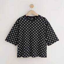 Load image into Gallery viewer, Black/White Polka Dot Relaxed Boxy Elbow Length Crew Neck T-Shirt