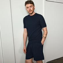 Load image into Gallery viewer, Navy Blue Regular Fit Ribbed Texture Knitted T-Shirt