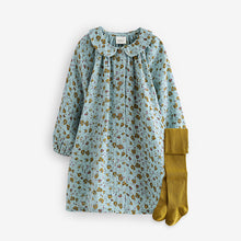 Load image into Gallery viewer, Blue Ditsy 100% Cotton Shirt Dress And Tights Set (3mths-6yrs)