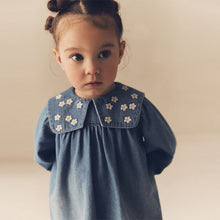 Load image into Gallery viewer, Blue Daisy 100% Cotton Denim Embroidery Collar Dress (3mths-5yrs)