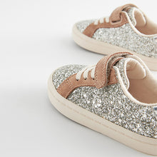 Load image into Gallery viewer, Silver Glitter Standard Fit (F) Elastic Lace Trainers