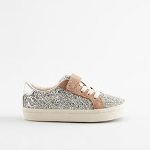 Load image into Gallery viewer, Silver Glitter Standard Fit (F) Elastic Lace Trainers