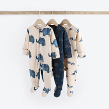 Load image into Gallery viewer, Blue Elephant Two Way Zip Baby 100% Cotton Sleepsuits 3 Pack (0mths-2yrs)
