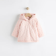 Load image into Gallery viewer, Pink Hooded Cosy Jersey Wadded Baby Wrap Jacket (0-18mths)