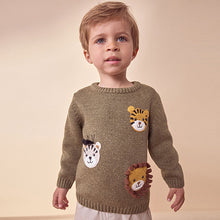 Load image into Gallery viewer, Khaki Green Safari Animals Crew Neck Knitted 100% Cotton Jumper (6mths-5yrs)