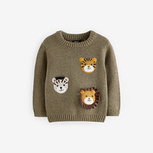 Load image into Gallery viewer, Khaki Green Safari Animals Crew Neck Knitted 100% Cotton Jumper (6mths-5yrs)