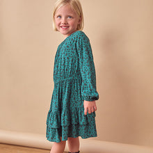 Load image into Gallery viewer, Green Ditsy Tiered Printed Dress (3-12yrs)
