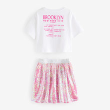 Load image into Gallery viewer, White/Pink Glitterball Graphic T-Shirt and Sequin Skirt Set (3-12yrs)
