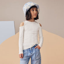 Load image into Gallery viewer, White Long Sleeve Cold Shoulder Rib T-Shirt (3-11yrs)