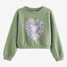 Load image into Gallery viewer, Khaki Green Sequin Heart Long Sleeve T-Shirt (3-12yrs)