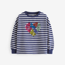 Load image into Gallery viewer, Navy Stripe 100% Cotton Sequin Heart Long Sleeve T-Shirt (3-12yrs)