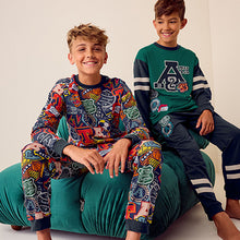 Load image into Gallery viewer, Blue/Green Varsity 2 Pack 100% Cotton Long Sleeve Pyjamas (5-12yrs)
