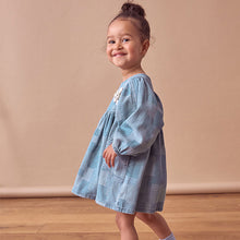 Load image into Gallery viewer, Blue 100% Cotton Denim Daisy Dress (3mths-6yrs)