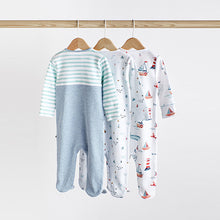 Load image into Gallery viewer, Blue Boat 3 Pack Embroidered Baby Sleepsuits (0-2yrs)