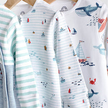 Load image into Gallery viewer, Blue Boat 3 Pack Embroidered Baby Sleepsuits (0-2yrs)