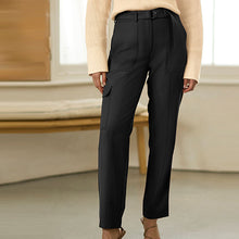 Load image into Gallery viewer, Black Smart Utility Cargo Belted Taper Trousers