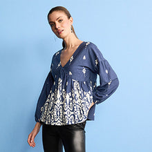 Load image into Gallery viewer, Navy Blue Long Sleeve V-Neck Blouse