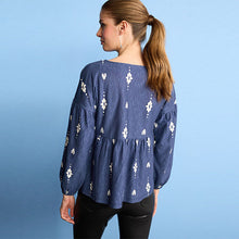 Load image into Gallery viewer, Navy Blue Long Sleeve V-Neck Blouse