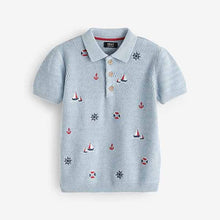 Load image into Gallery viewer, Blue 100% Cotton Nautical Textured Polo Shirt