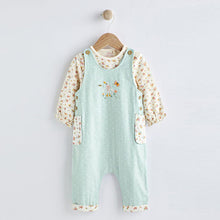 Load image into Gallery viewer, Green Duck and Floral Baby 2 Piece Woven Dungarees And Bodysuit (0mths-18mths)