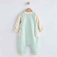Load image into Gallery viewer, Green Duck and Floral Baby 2 Piece Woven Dungarees And Bodysuit (0mths-18mths)