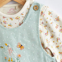 Load image into Gallery viewer, Green Duck and Floral Baby 2 Piece Woven Dungarees And Bodysuit (0mths-18mths)