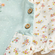 Load image into Gallery viewer, Green Duck and Floral Baby 2 Piece Woven Dungarees And Bodysuit (0mths-18mths)