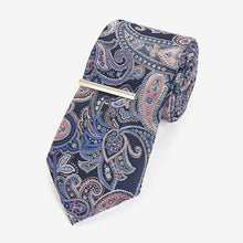 Load image into Gallery viewer, Blue Navy/Pink Paisley Design Tie And Tie Clip