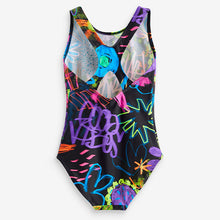 Load image into Gallery viewer, Black Graffiti Floral Sports Swimsuit (3-12yrs)