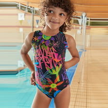 Load image into Gallery viewer, Black Graffiti Floral Sports Swimsuit (3-12yrs)