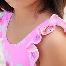 Load image into Gallery viewer, Pink Floral Frill Sleeve Swimsuit (3mths-5yrs)