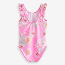 Load image into Gallery viewer, Pink Floral Frill Sleeve Swimsuit (3mths-5yrs)