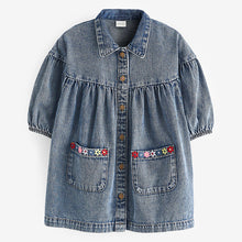 Load image into Gallery viewer, Blue Denim Embroidered 100% Cotton Shirt Dress (3mths-6yrs)