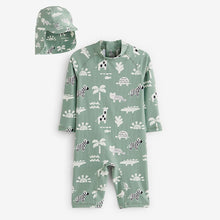 Load image into Gallery viewer, Sage Green Sunsafe Swimsuit & Hat 2 Piece Set