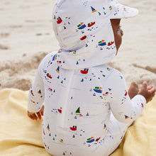 Load image into Gallery viewer, Pale Blue Boats Sunsafe Swimsuit & Hat 2 Piece Set (3mths-5yrs)