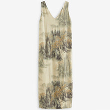 Load image into Gallery viewer, Brown Scenic Print Linen Blend V-Neck Midi Dress