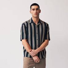 Load image into Gallery viewer, Navy Textured Stripe Short Sleeve Cuban Collar Shirt