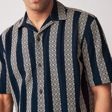 Load image into Gallery viewer, Navy Textured Stripe Short Sleeve Cuban Collar Shirt