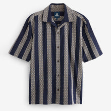 Load image into Gallery viewer, Navy Textured Stripe Short Sleeve Cuban Collar Shirt