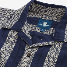 Load image into Gallery viewer, Navy Textured Stripe Short Sleeve Cuban Collar Shirt