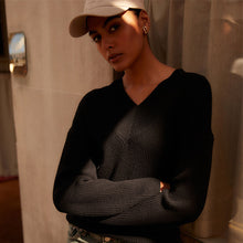 Load image into Gallery viewer, Black Relaxed Fit Ribbed V-Neck Knitted Jumper